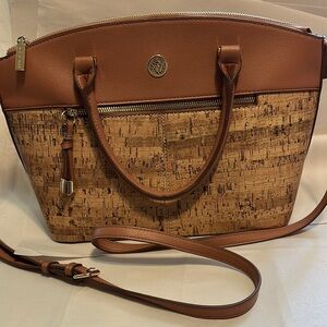 Anne Klein Brown Leather Satchel with Cork Accents